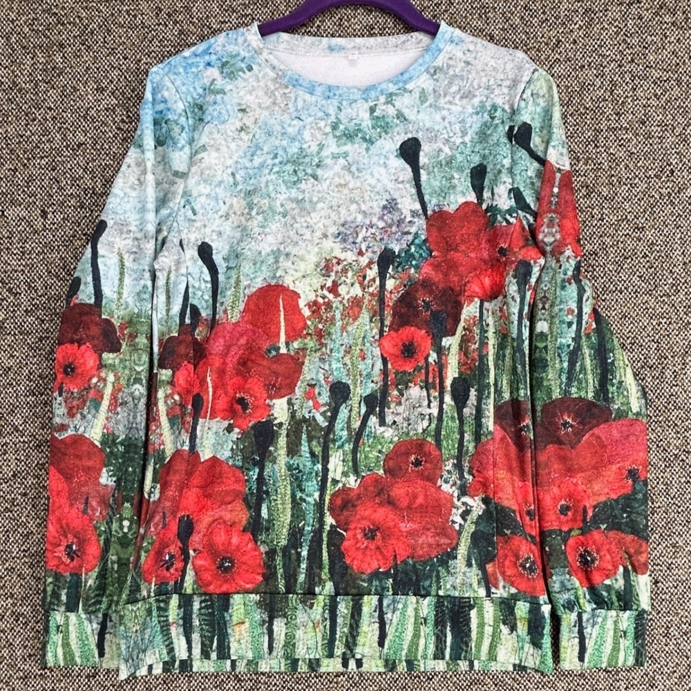 Poppy Field Sweatshirt Unmarked Cotton Poly Blue Red Small Crewneck